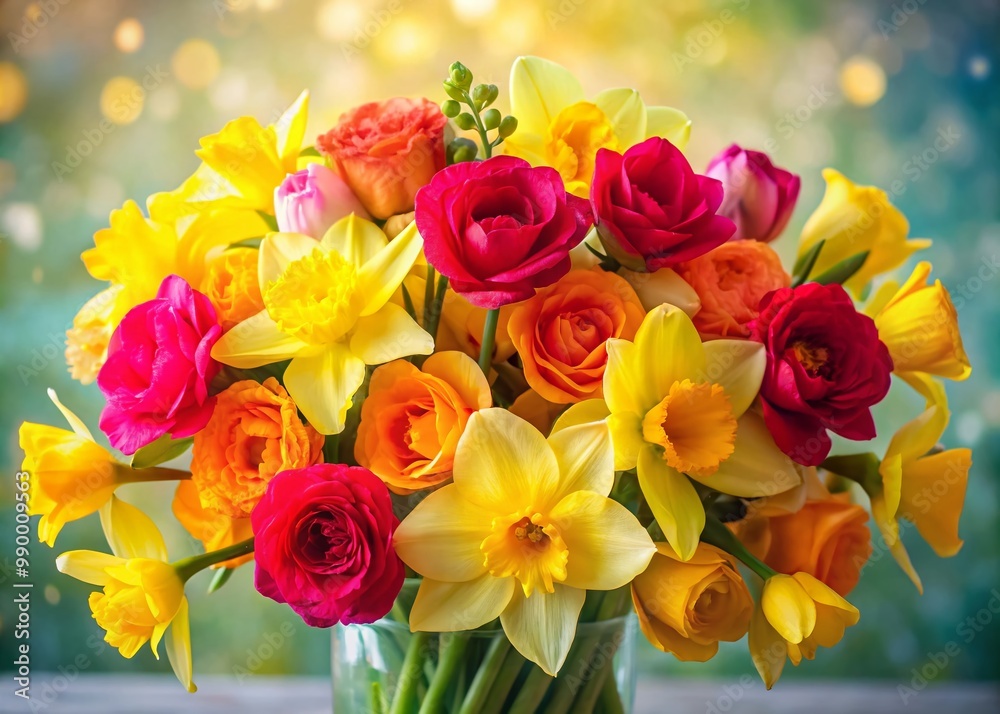 Vibrant Daffodil and Rose Bouquet for Spring Celebrations and Floral Arrangements in Soft Light Vibrant Daffodil and Rose Bouquet for Spring Celebrations and Floral Arrangements in Soft Light