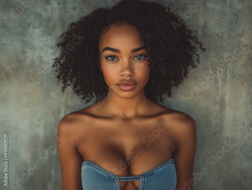 Confident young woman with natural curls in casual attire