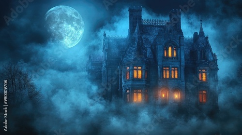 A haunted mansion with glowing windows and fog rolling in, with a full moon casting eerie shadows across the scene.