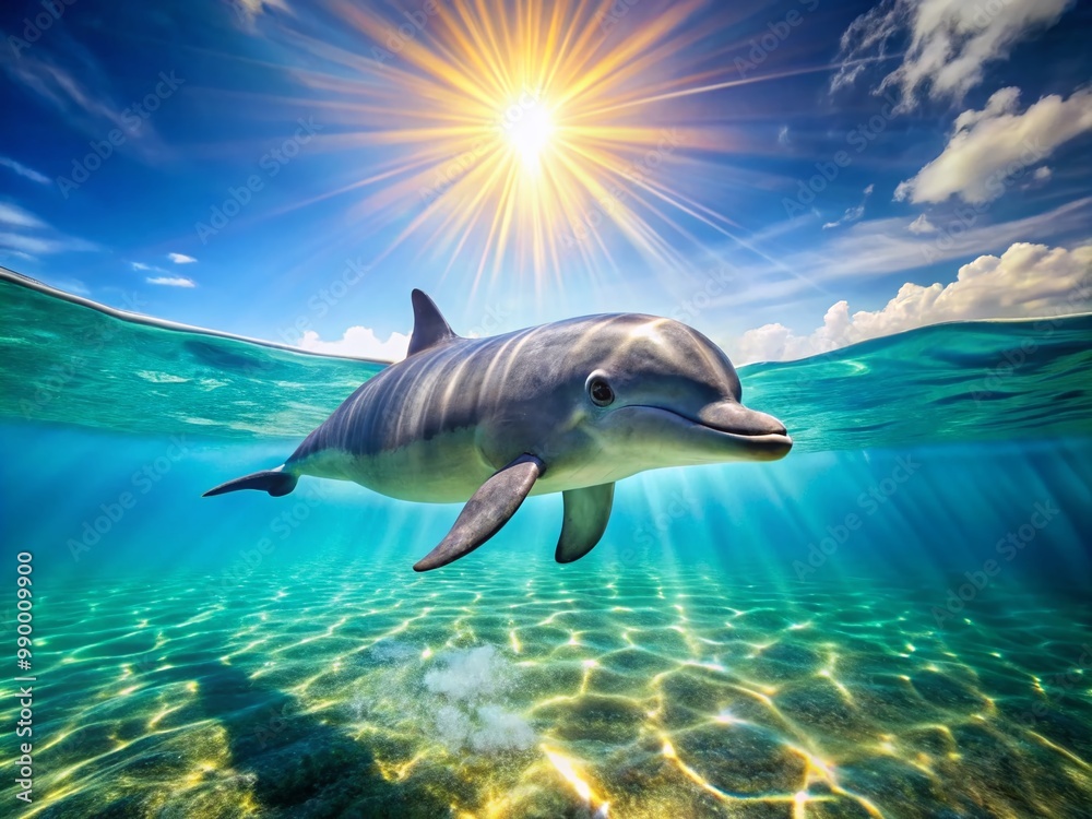 Fototapeta premium Vibrant Dolphin Fish Swimming Gracefully in Crystal Clear Ocean Waters Under Bright Sunlight