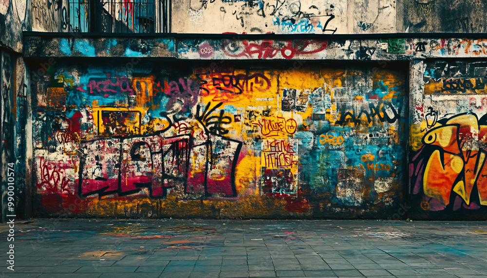 Naklejka premium A graffiti-covered urban wall, showcasing vibrant colors, bold lines, and an edgy, artistic vibe