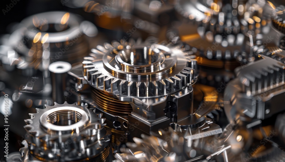 Close-up view of intricate metal gears showcasing engineering precision and craftsmanship in a contemporary industrial setting
