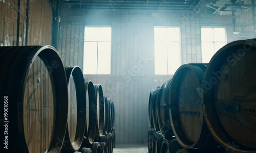 Alley of old wooden wine barrels, wine barrels stacked in warehouse