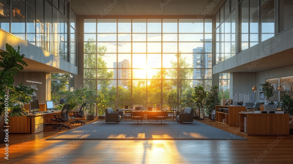 Modern office space with large windows and sunset view. Modern office space with large windows and sunset view.