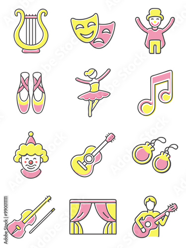 Artistic performance icons in vibrant pastel colors and flat design