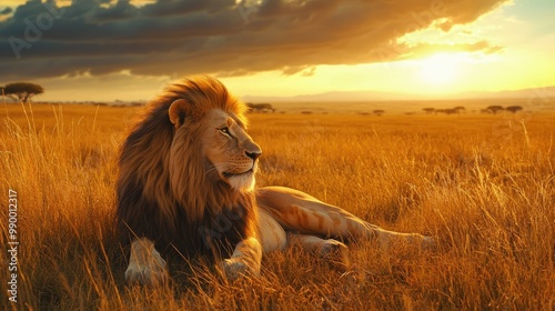 A lion lounging in the African savannah, with golden grasslands stretching out in the background under the sun. photo