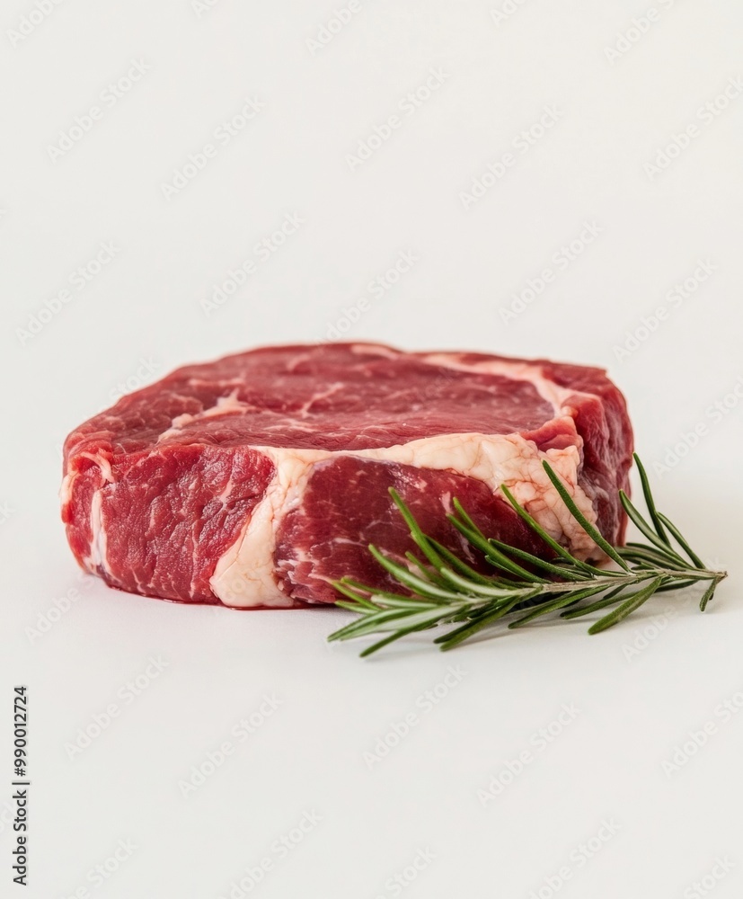 Mid-Century Styled Meat-Based Dish Against a White Background; Minimalistic, Aged Beef and Rosemary Mid-Century Styled Meat-Based Dish Against a White Background; Minimalistic, Aged Beef and Rosemary