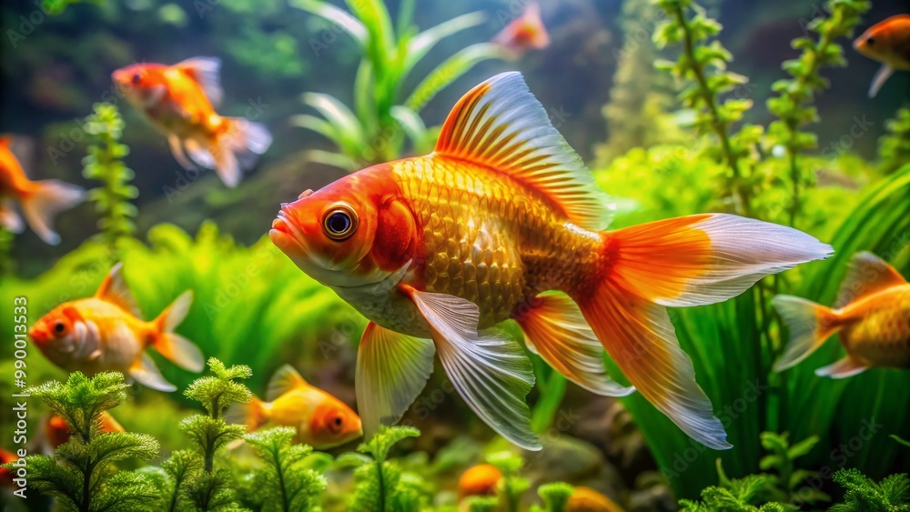 Vibrant Goldfish Swimming Gracefully in a Clear Aquarium with Lush Green Aquatic Plants Surrounding Vibrant Goldfish Swimming Gracefully in a Clear Aquarium with Lush Green Aquatic Plants Surrounding