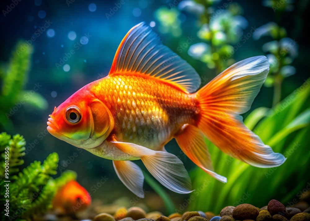 Vibrant Goldfish Underwater with Scientific Name Displayed in Clear Water Environment Vibrant Goldfish Underwater with Scientific Name Displayed in Clear Water Environment