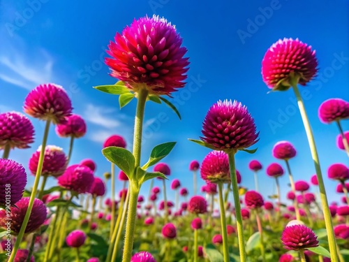 Vibrant Gomphrena Flowers in Bloom Against a Clear Blue Sky Showcasing Nature's Beauty and Color