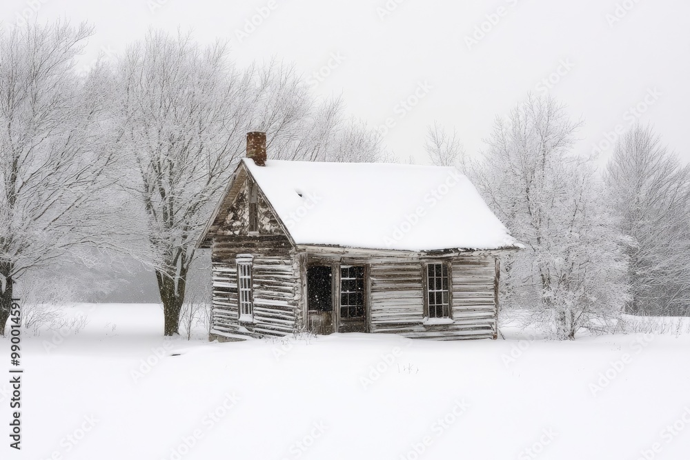 A snow-covered cabin surrounded by bare trees in a wintery landscape. A snow-covered cabin surrounded by bare trees in a wintery landscape.
