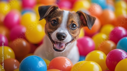 funny dog having a great time in a colorful ball pool, playing with vibrant balls and showcasing its playful personality, creating a delightful and cheerful atmosphere for pet lovers