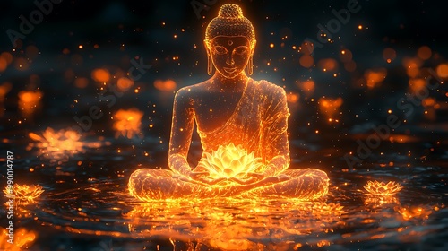 buddha meditating holding lotus flower glowing with golden light black background cartoon style digital art simple lines smooth shading glowing aura high resolution hyper realistic high detail 