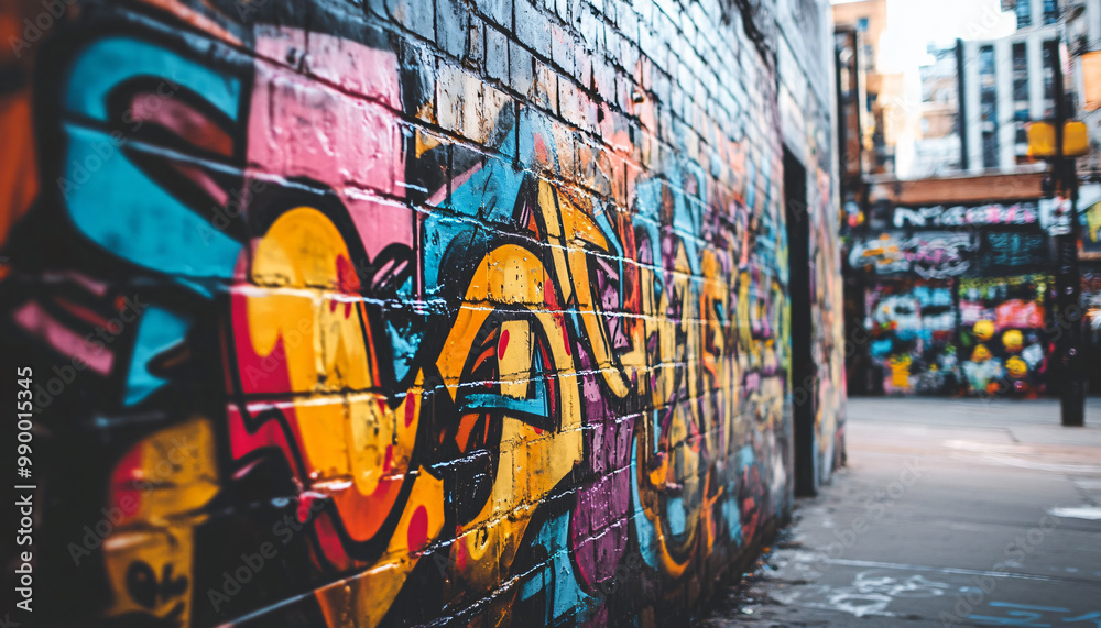 Obraz premium A graffiti-covered urban wall, showcasing vibrant colors, bold lines, and an edgy, artistic vibe