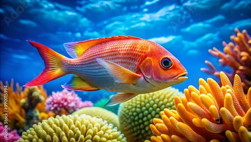 Vibrant Lady Fish Swimming Gracefully in Clear Blue Water of Tropical Reef with Coral Background