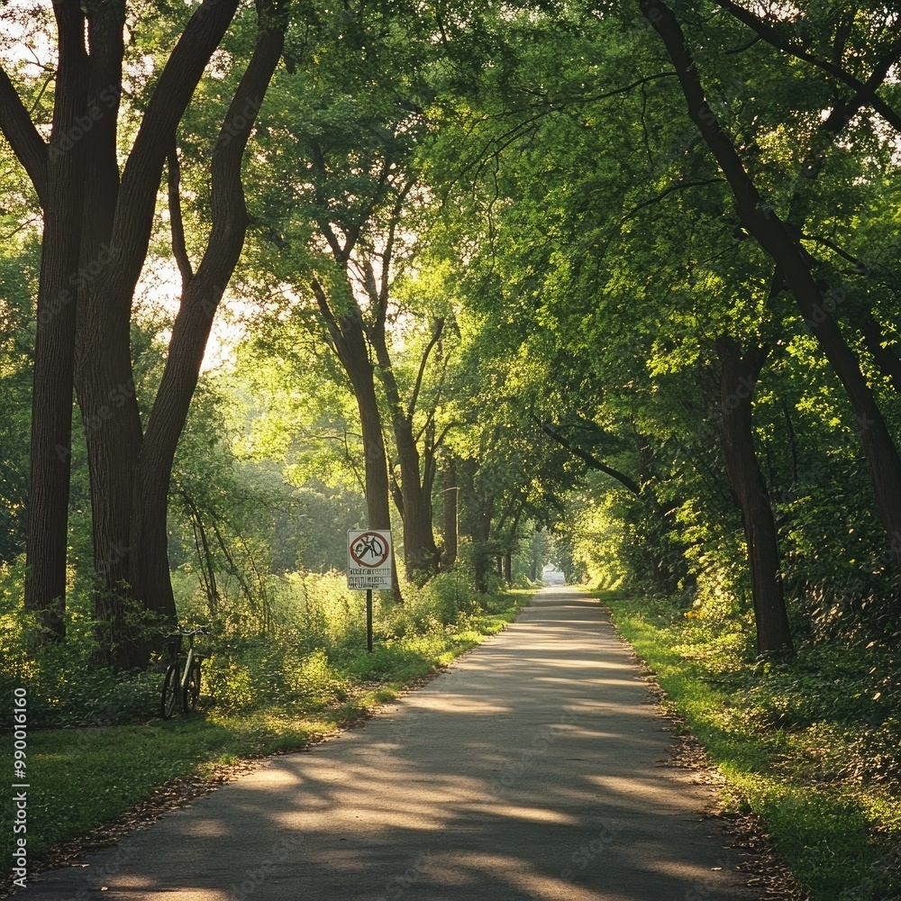 Obraz premium A peaceful, tree-lined bike path with a safety sign, showcasing eco-friendly transportation.
