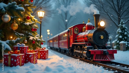 Cute christmas train goes through winter forest in north pole. Christmas illustration postcard
