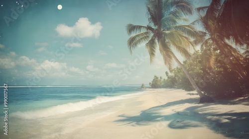 Fototapeta Naklejka Na Ścianę i Meble -  2. An idyllic tropical beach captured in a vintage style, showcasing soft, powdery sand and lush palm trees against a shimmering ocean. The film distress flare adds a dreamy quality, with muted