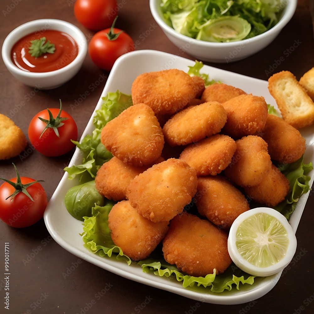 Delicious fresh Chicken Nuggets assortment with Tomato Sauce with some salad served, Chicken nuggets with crispy meat snack, Chicken nuggets made at home Delicious fresh Chicken Nuggets assortment with Tomato Sauce with some salad served, Chicken nuggets with crispy meat snack, Chicken nuggets made at home