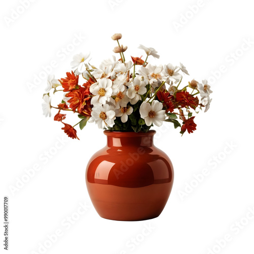 Isolated Terracotta Vase in Brick Red With White Flowers on Transparent Background Png, 3d Vase Png, Home Interior Decor