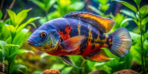 Vibrant Oscar Fish Swimming Gracefully in a Clear Aquarium Tank Surrounded by Decorative Plants