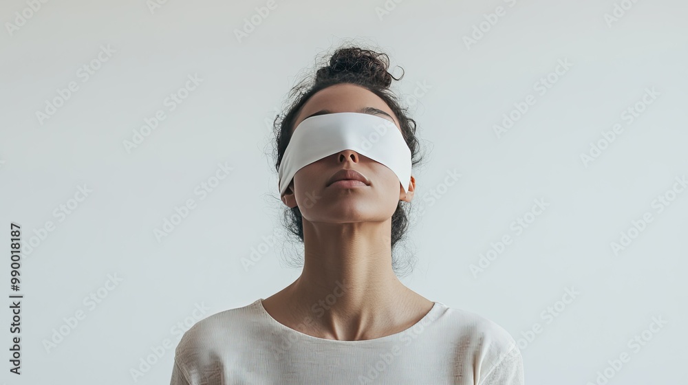 A person wearing a white blindfold, representing a lack of insight and awareness A person wearing a white blindfold, representing a lack of insight and awareness