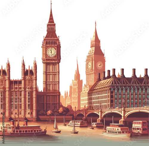 Famous British Clock Tower Big Ben Isolate Vector Illustration