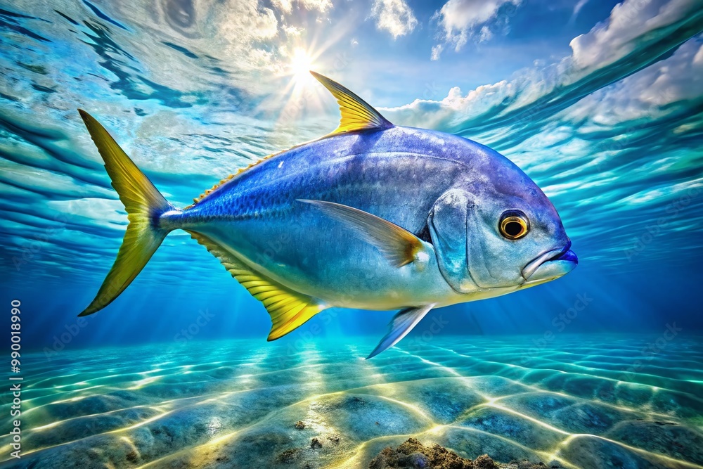 Naklejka premium Vibrant Pompano Fish Swimming Gracefully Underwater in Crystal Clear Ocean Blue Environment