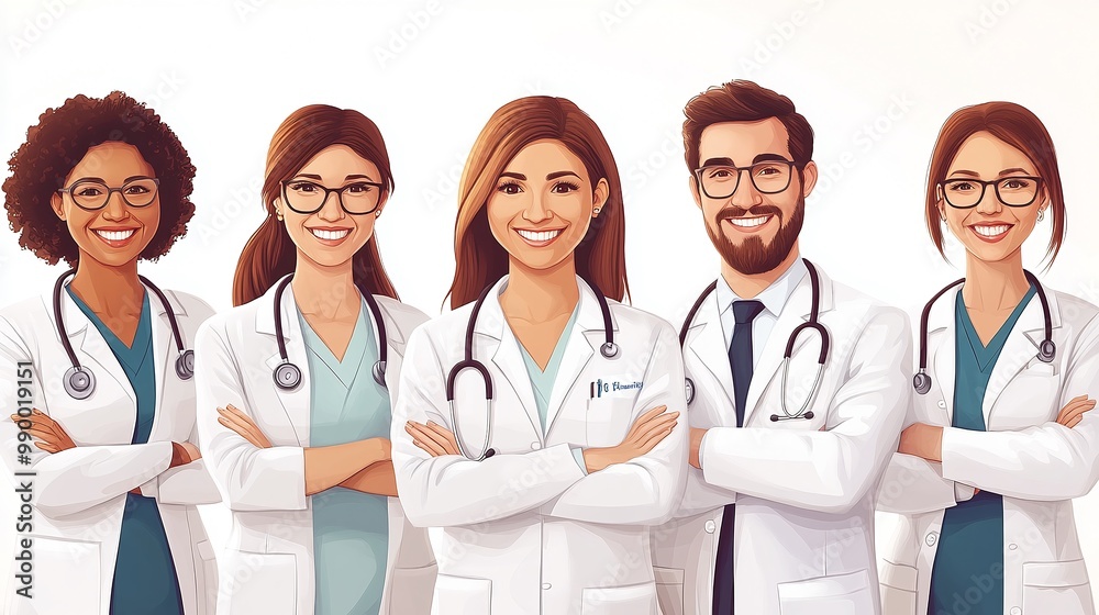 Fototapeta premium medical team banner with smiling doctors and nurses, showcasing the professionalism, dedication, and teamwork of healthcare professionals working together to provide trusted medical care