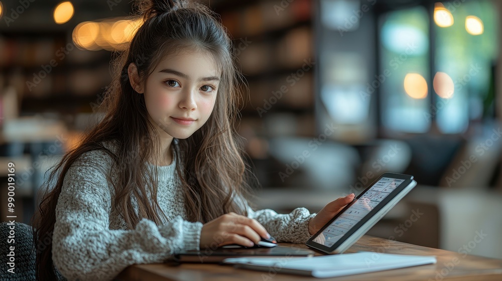 Fototapeta premium Young Woman Working on Tablet in Cafe