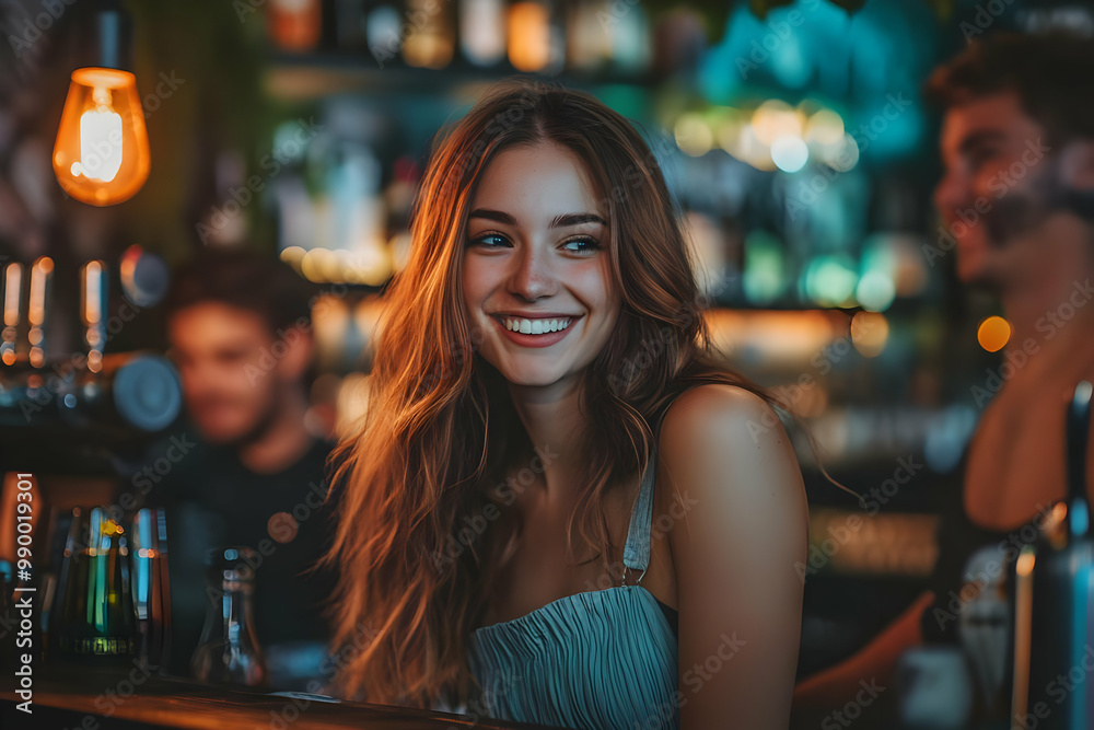 Happy Woman Smiling in Bar with Blurred Background Happy Woman Smiling in Bar with Blurred Background