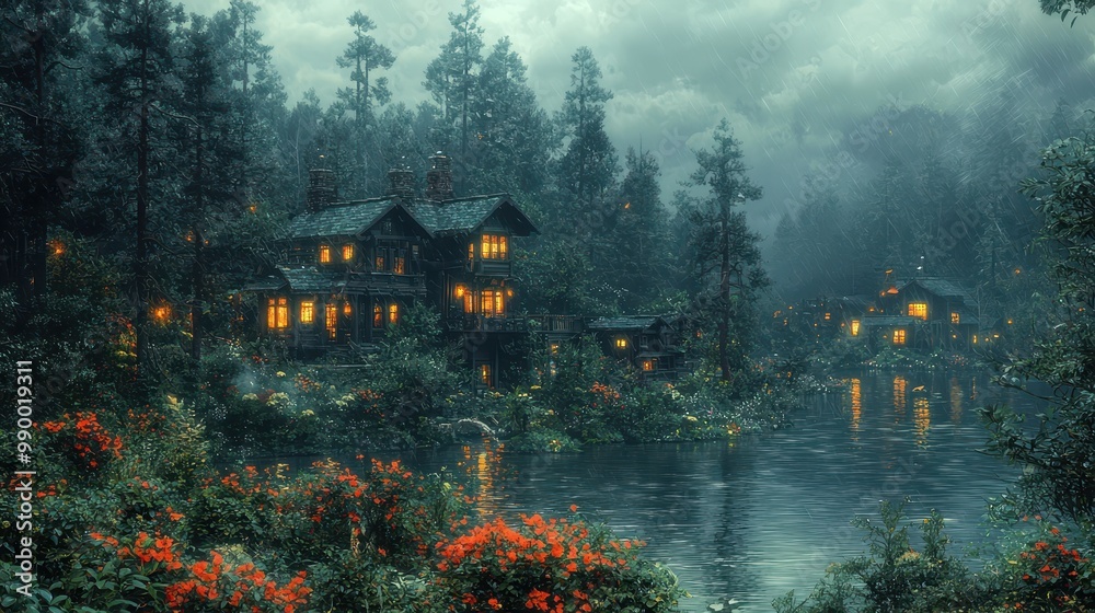 Obraz premium Enchanted Forest Cottage by the Lake at Night with Rain