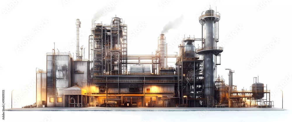 A high-quality scene of an industrial factory, isolated on a white background A high-quality scene of an industrial factory, isolated on a white background