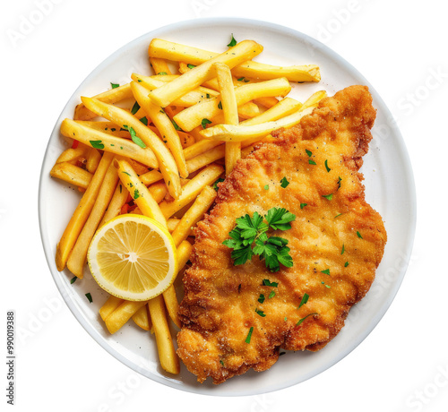 Plate with French fries and chicken schnitzel isolated on transparent background