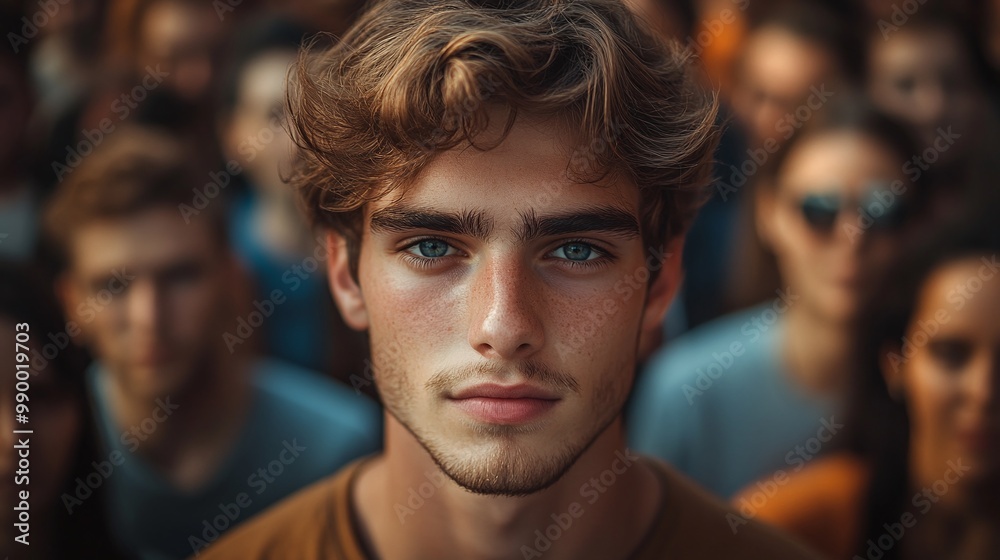 young man standing out in a big crowd, looking at the camera with a handsome and confident expression, showcasing his individuality in the middle of a dynamic city street setting young man standing out in a big crowd, looking at the camera with a handsome and confident expression, showcasing his individuality in the middle of a dynamic city street setting