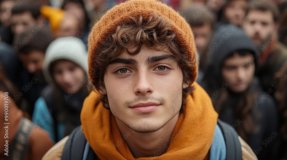 young man standing out in a big crowd, looking at the camera with a handsome and confident expression, showcasing his individuality in the middle of a dynamic city street setting young man standing out in a big crowd, looking at the camera with a handsome and confident expression, showcasing his individuality in the middle of a dynamic city street setting
