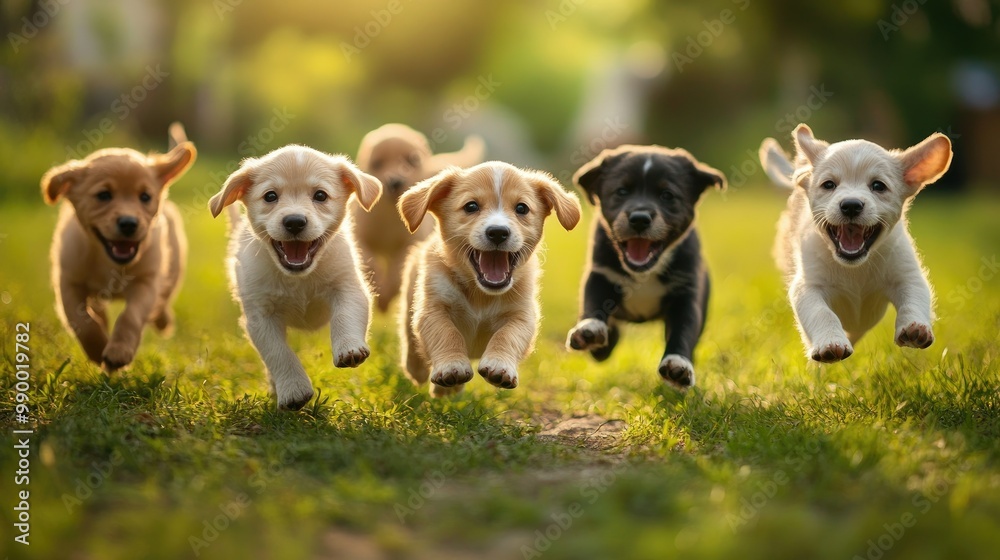 A playful group of puppies running together in a park, showcasing the joy of animal companionship. A playful group of puppies running together in a park, showcasing the joy of animal companionship.