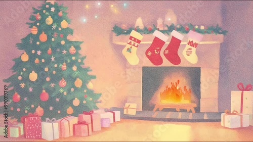 Christmas tree decorated with ornaments and gifts under it near a fireplace with stockings. 4K background material for loop playback, For lo-fi music and video