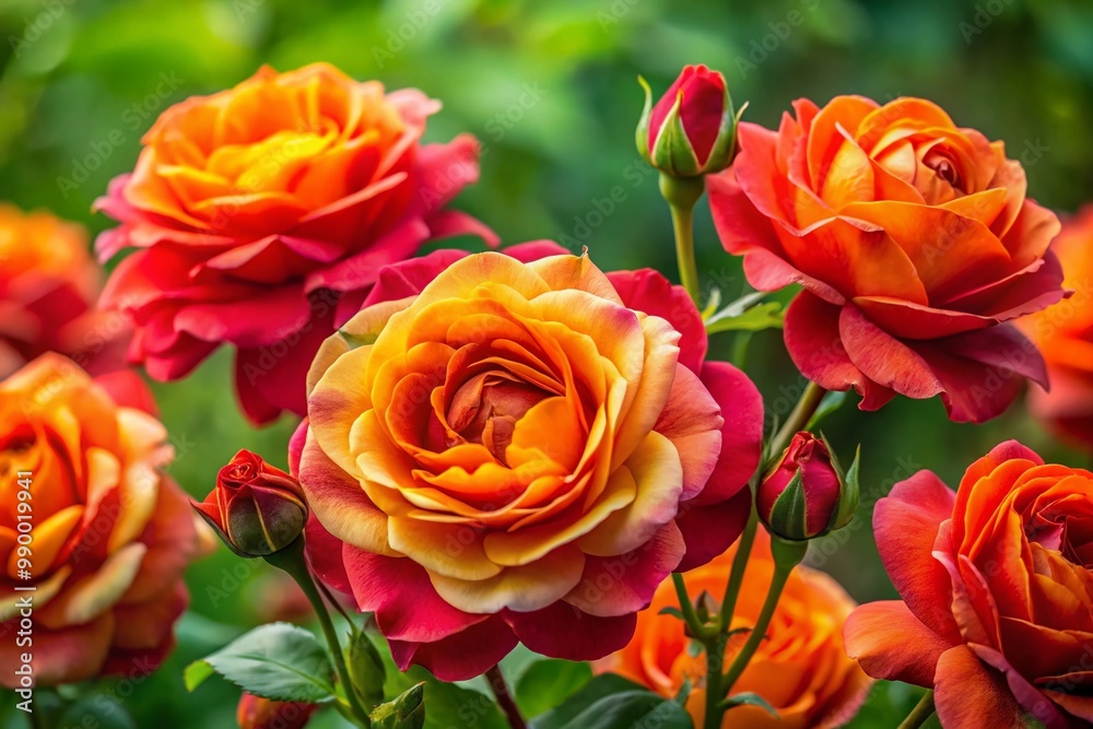 Vibrant Red and Orange Roses in Full Bloom Against a Soft Green Background for Floral Inspiration Vibrant Red and Orange Roses in Full Bloom Against a Soft Green Background for Floral Inspiration