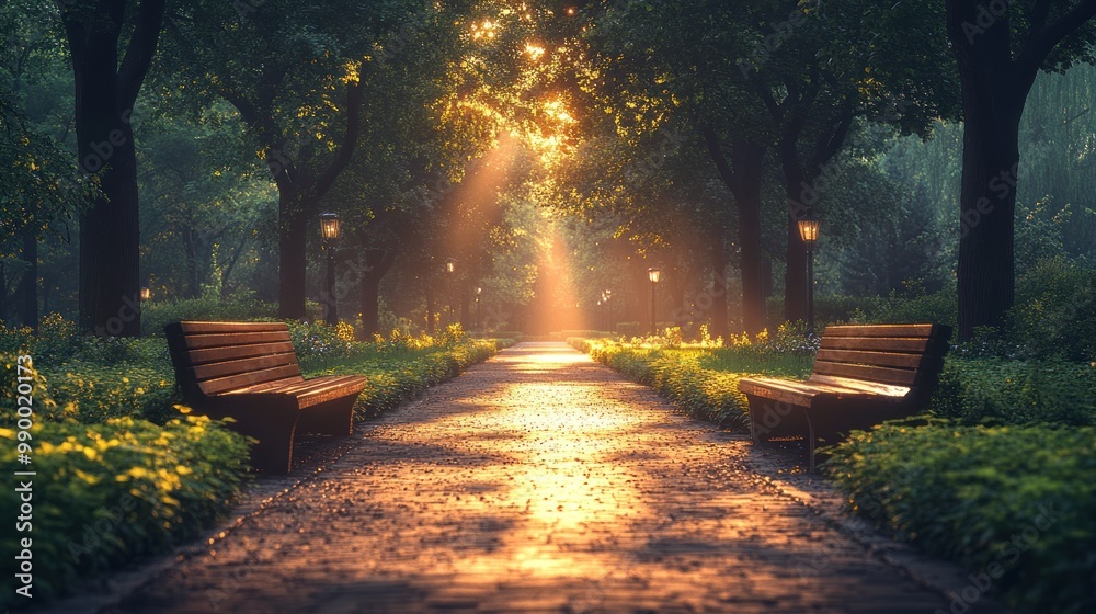 Obraz premium Serene park pathway illuminated by sunset rays.