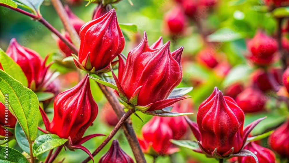 Vibrant Red Roselle Flowers with Green Leaves in Natural Light Against a Soft Blurred Background Vibrant Red Roselle Flowers with Green Leaves in Natural Light Against a Soft Blurred Background