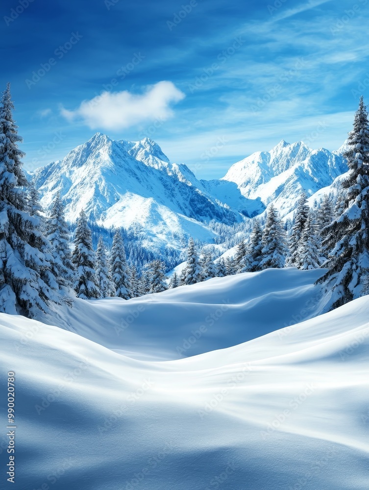 A breathtaking panorama of snow-capped mountains, pristine white snow, and a line of evergreens, evoking a sense of tranquility, winter magic, and the beauty of nature. A breathtaking panorama of snow-capped mountains, pristine white snow, and a line of evergreens, evoking a sense of tranquility, winter magic, and the beauty of nature.