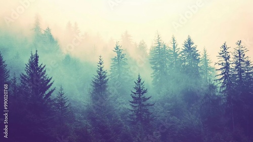 Misty landscape with fir forest in nice hipster vintage retro style