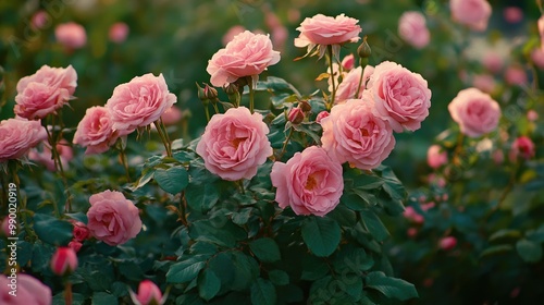 A rose bush in full bloom, with dozens of pink roses against a green garden backdrop.