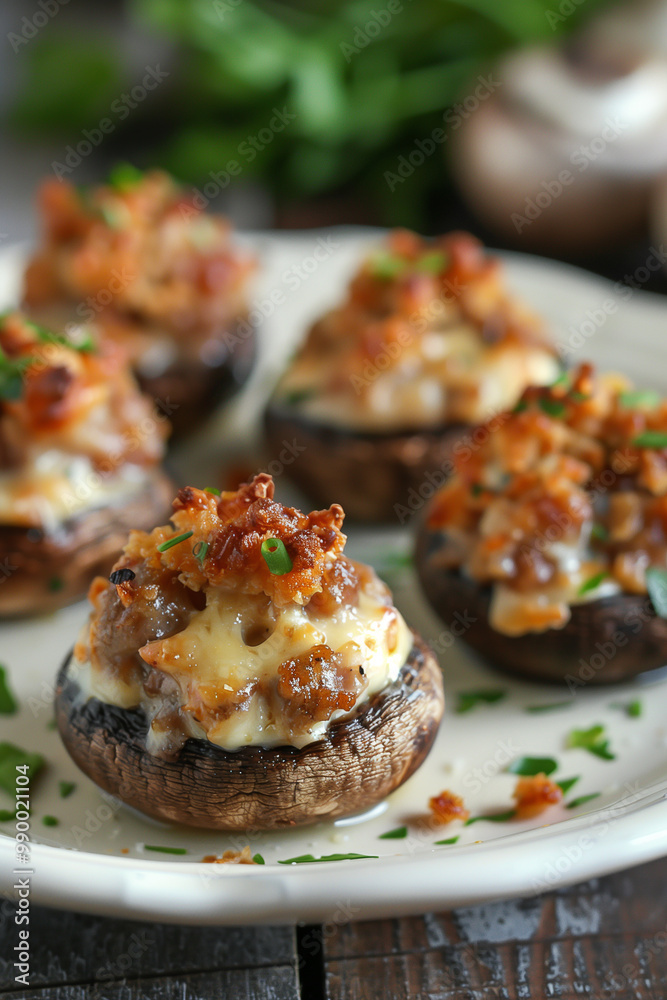 Close-up of tasty sausage and cream cheese stuffed mushrooms on platter, ready for serving Close-up of tasty sausage and cream cheese stuffed mushrooms on platter, ready for serving