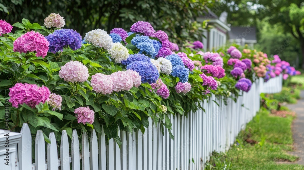 A row of hydrangea bushes blooming along a white picket fence, adding vibrant colors to a cottage garden.