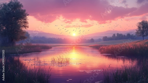 Serene sunset over a tranquil lake with vibrant colors.