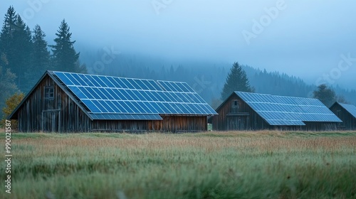 Rustic wooden barns with solar panels on their roofs, set against a foggy forest backdrop