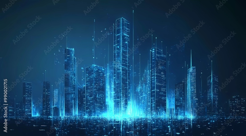 Blue, glowing city skyline with skyscrapers on a dark background, vector illustration. Tech concept, futuristic digital business and construction of buildings Blue, glowing city skyline with skyscrapers on a dark background, vector illustration. Tech concept, futuristic digital business and construction of buildings