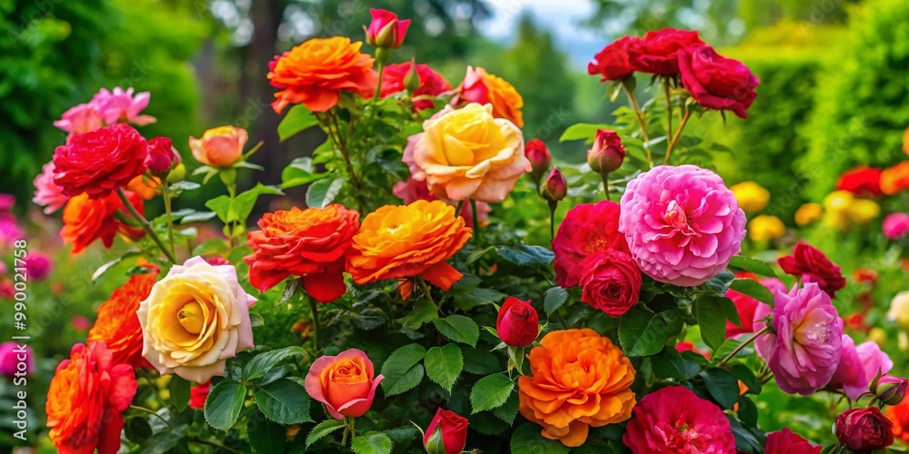 Vibrant Rose Bush in Full Bloom Showcasing Colorful Flowers and Lush Green Leaves in Garden Vibrant Rose Bush in Full Bloom Showcasing Colorful Flowers and Lush Green Leaves in Garden